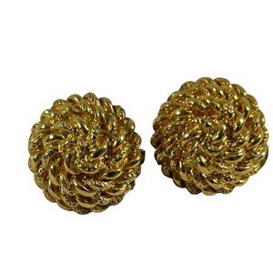 Vintage Monet Gold Tone Clip On Earrings Twisted Rope Swirl Button Textured